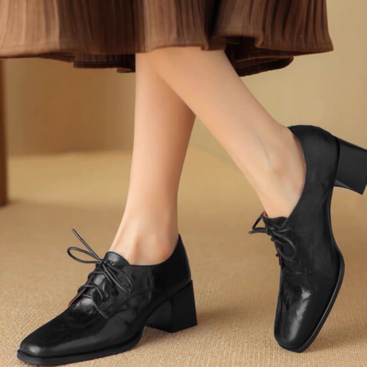 Oxford Lace Up Women - レディース スクエアトゥ レースアップ オックスフォードシューズ 本革製 ブロックヒール