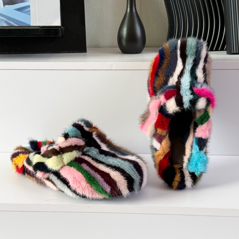 Women'S Shoes Clogs - レディースミュール＆クロッグス ミンクファースリッパ 冬用レディーススリッパ カラーブロッキングファースライド プラッシュファーカログシューズ 女性用