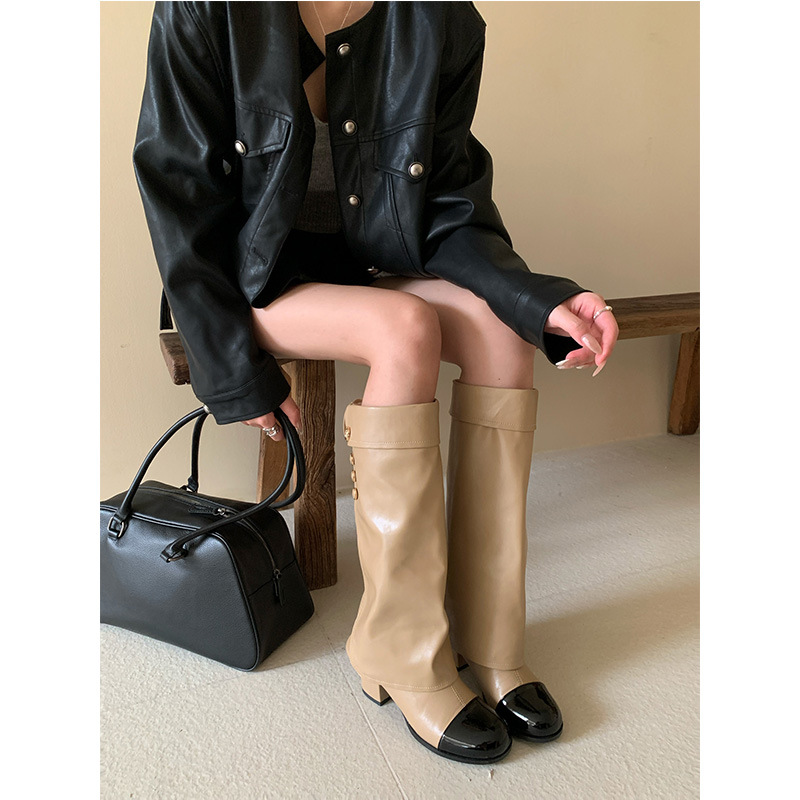 Sock Boot Women - フレンチスタイルの小さな香りのする丸いつま先のカラーブロックナイトブーツ、多用途の厚底ハイカットブーツ（女性用）
