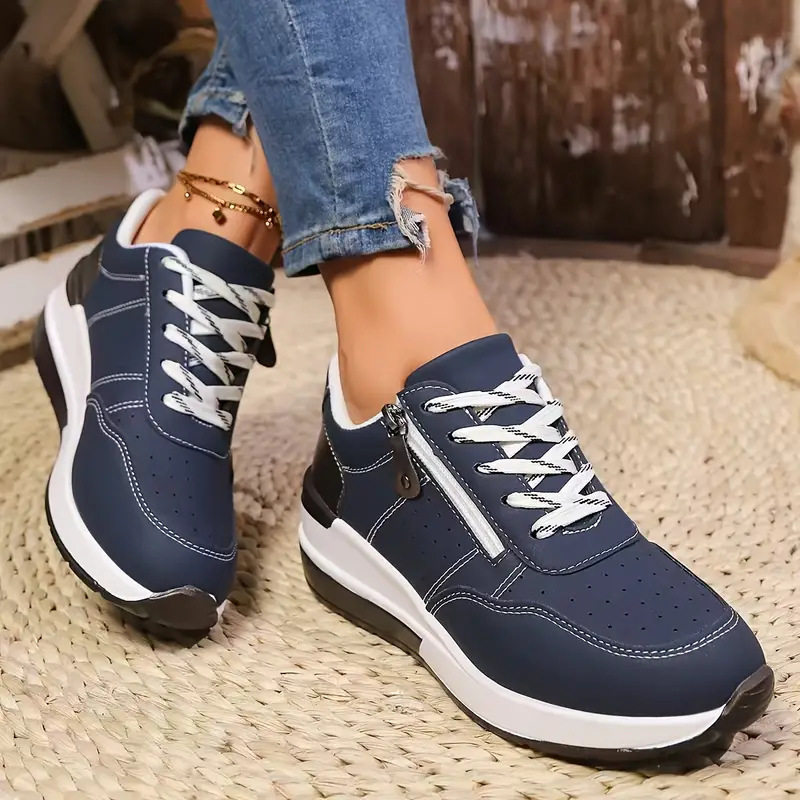 Oxford Lace Up Women - レディース サイドジッパー プラットフォームスニーカー レースアップ フェイクレザー パンチング加工