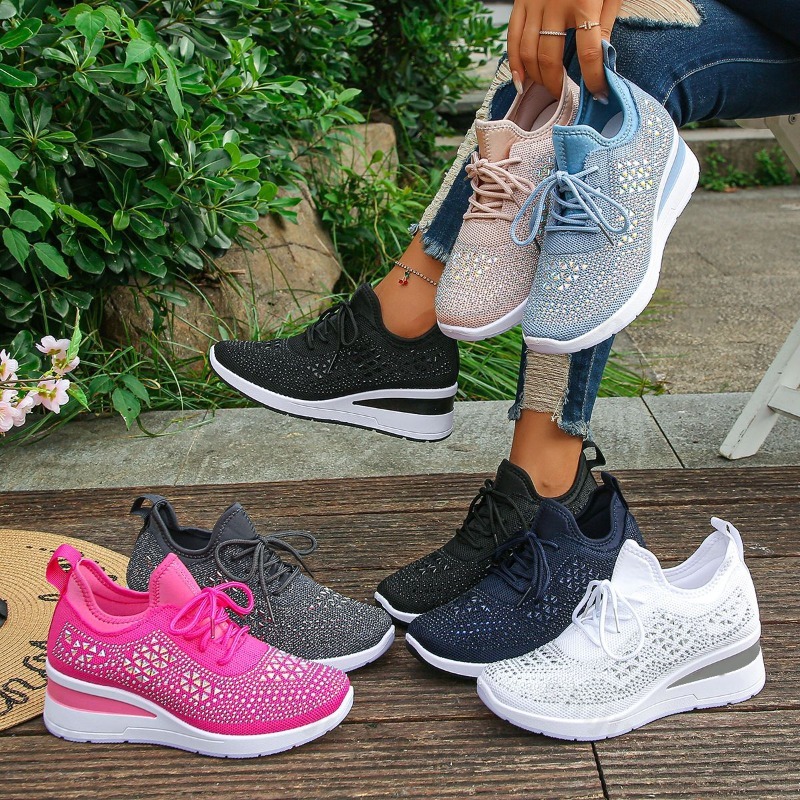 Women Shoes Tennis - 2026年レディーススニーカー メッシュ素材 通気性 シャイニーラインストーン ウェッジソール スポーツシューズ