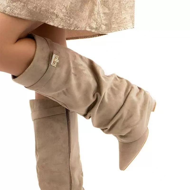 Knee High Boots Women - 2026 新しい女性のニーハイブーツメタルバックルポインテッドトゥハイヒールパンツブーツ固体女性ロングブーツ品質の女性の靴