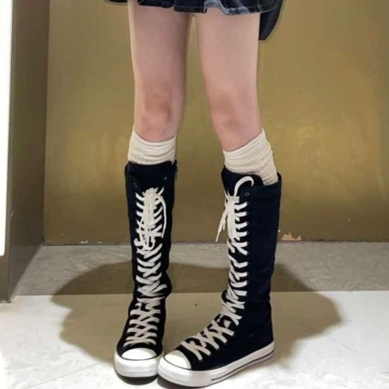 2025 新しいハイカットキャンバスシューズ女性用韓国版ロン - Knee High Boots Women のレビューと価格