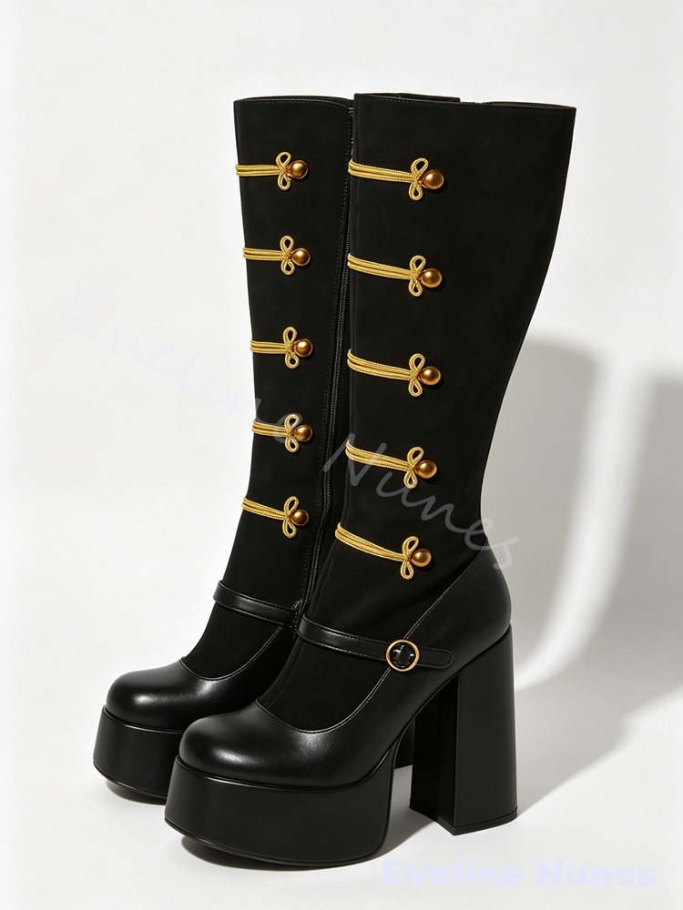 レトロなロイヤルコート風、ゴールドの結び飾りが施されたニーハ - Court Heel Pointed のレビューと価格