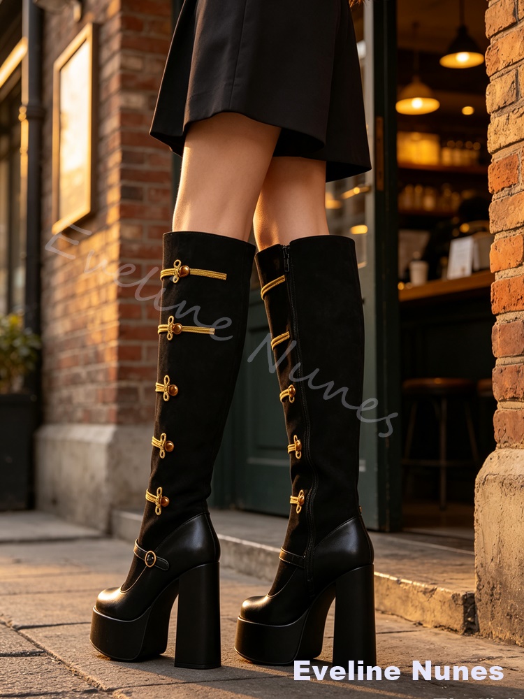 レトロなロイヤルコート風、ゴールドの結び飾りが施されたニーハ - Court Heel Pointed のレビューと価格