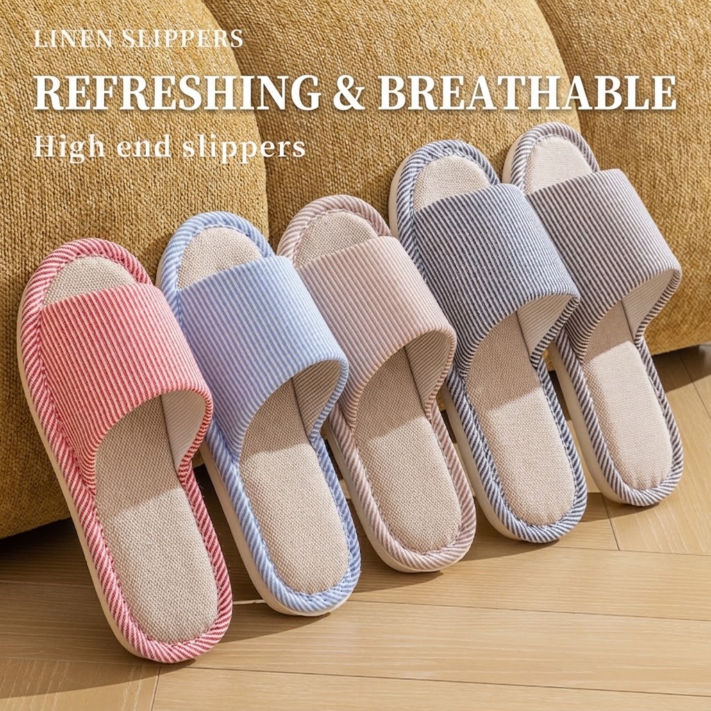 通気性のあるリネン製スリッパ 男女兼用 ストライプ柄 オープ - Mule Slip On のレビューと価格