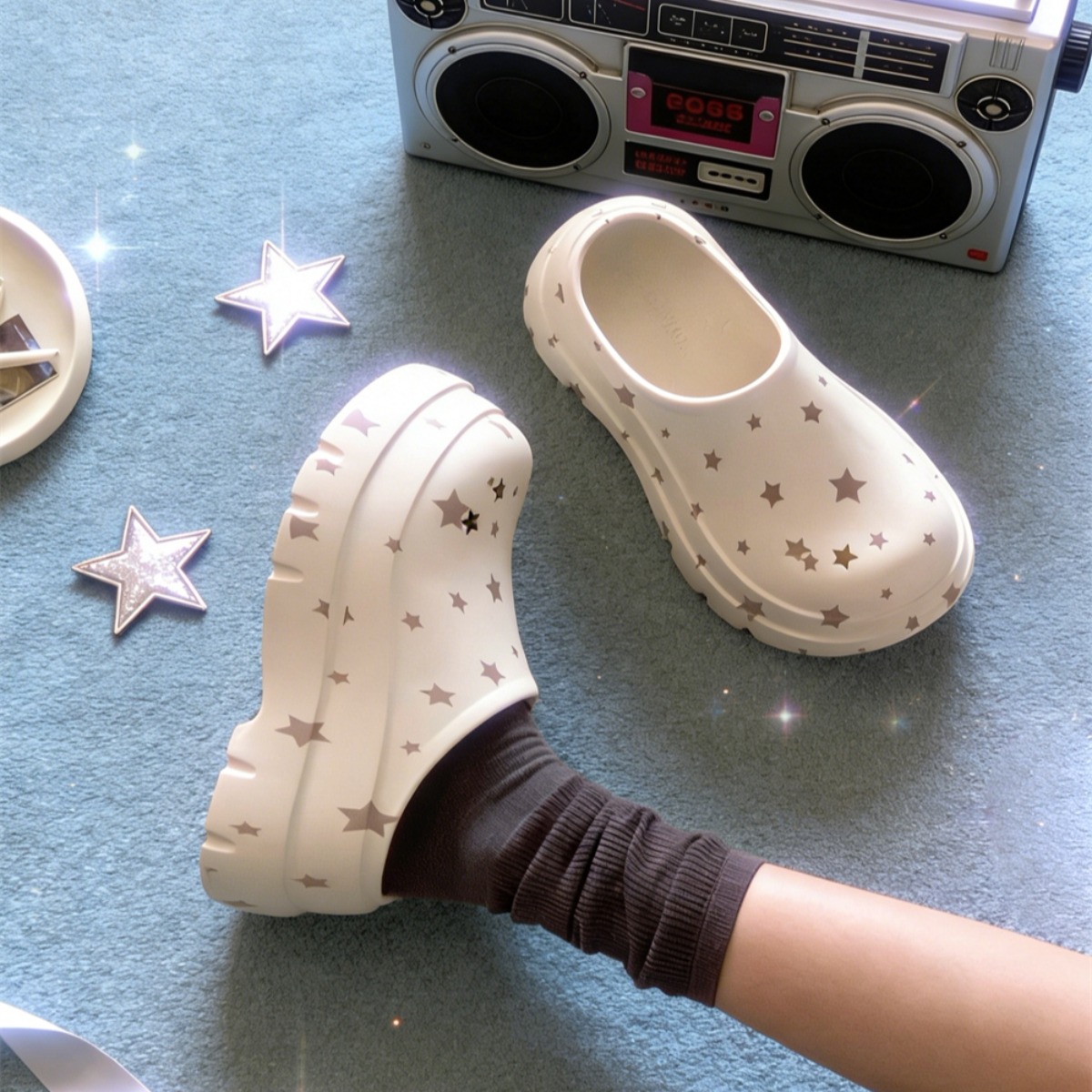 夏の新作、女性用プラットフォームサンダル。Y2K風のスター柄 - Women'S Shoes Clogs のレビューと価格